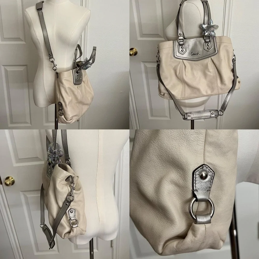 COACH Ashley Ivory Leather Shoulder Bag Convertible Satchel Handbag Carryall